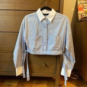 Zara Blue and White Striped Cropped Button-Down Shirt